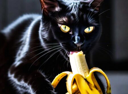 A black cat eating a banana, one of the fruits cats can safely eat